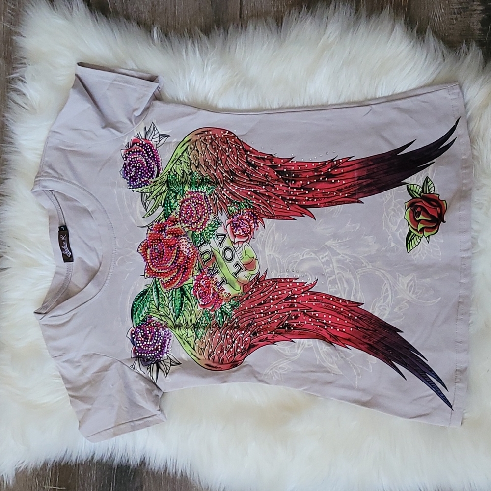 Jackie K Angel wings roses studded top L true love
